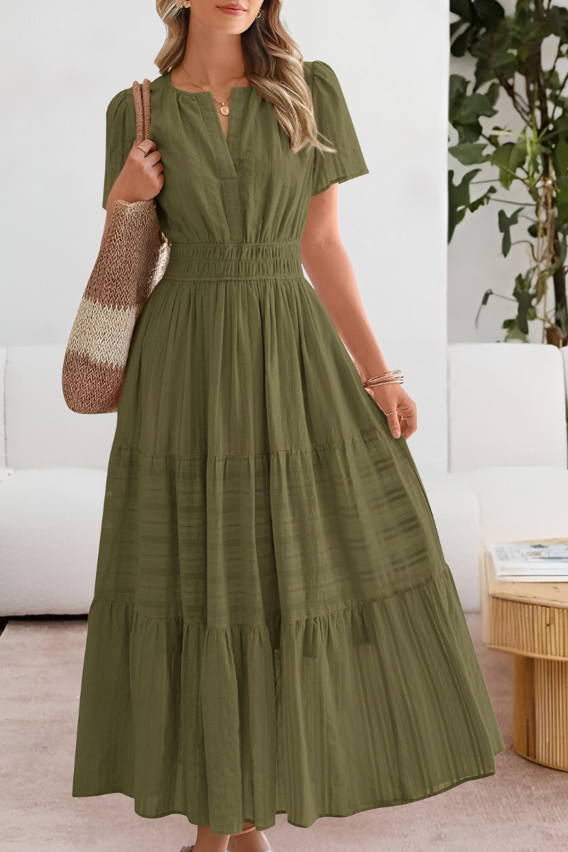 olive green tiered maxi dress with split neckline and puff sleeves