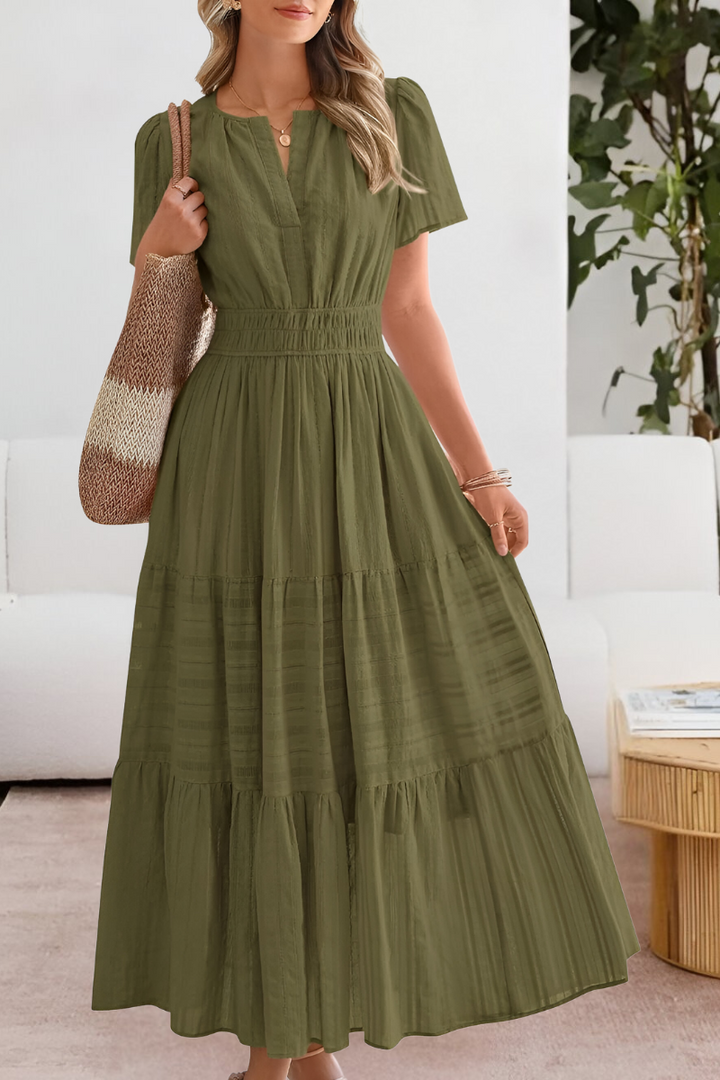 olive green tiered maxi dress with split neckline and puff sleeves