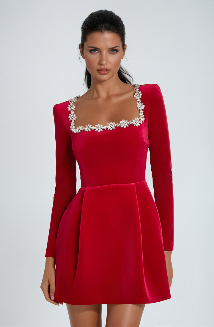 Red velvet mini dress with crystal floral neckline and long sleeves