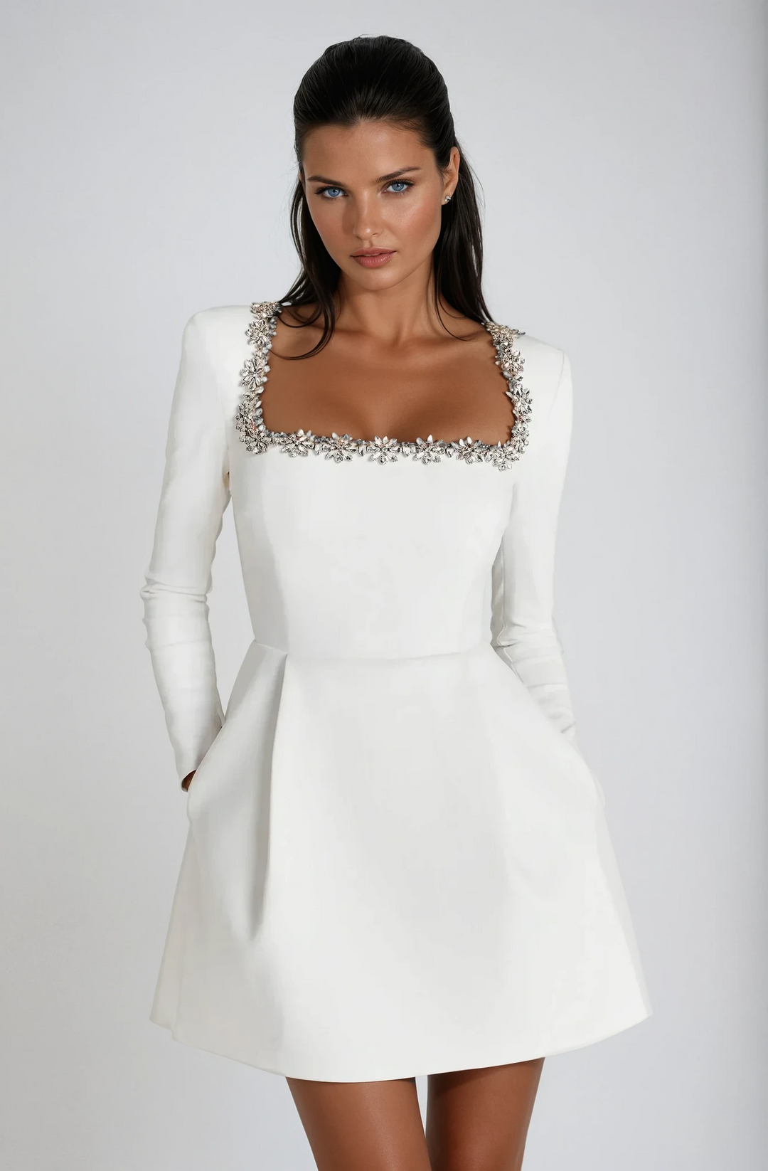 White velvet mini dress with crystal beaded square neckline detail