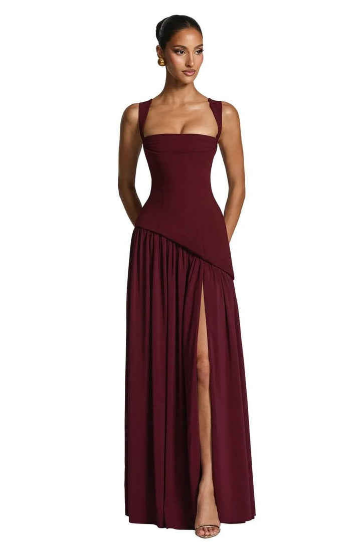 Burgundy square-neck maxi gown with fitted bodice and thigh-high slit
