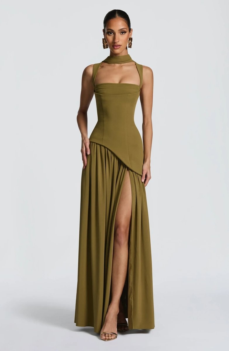 Olive green sleeveless gown with cutout choker collar and asymmetric skirt