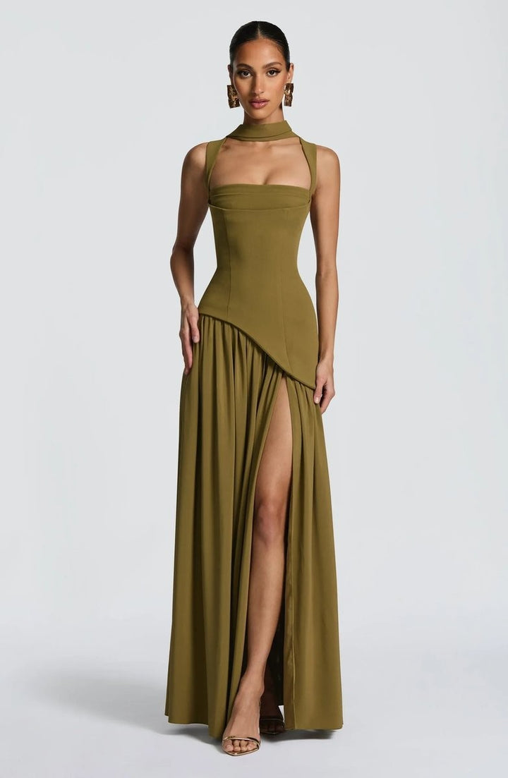 Olive green sleeveless gown with cutout choker collar and asymmetric skirt