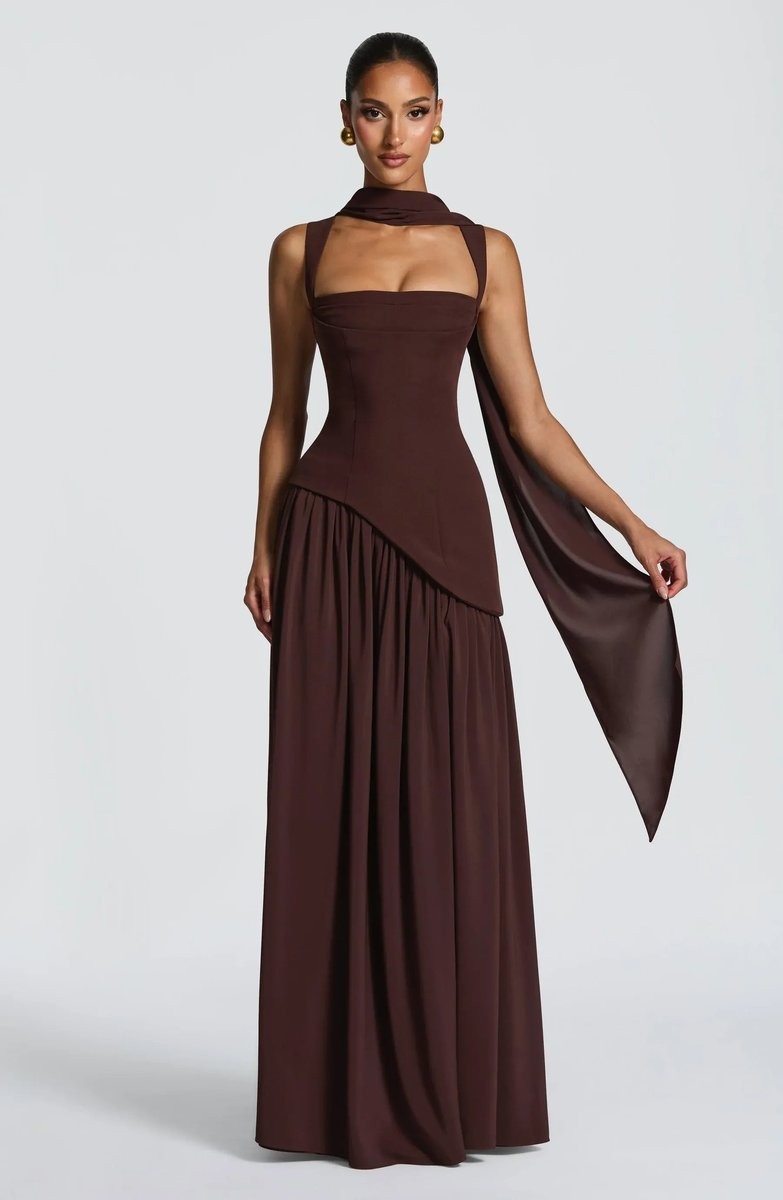 Brown satin gown with draped scarf sleeve and fitted corset bodice