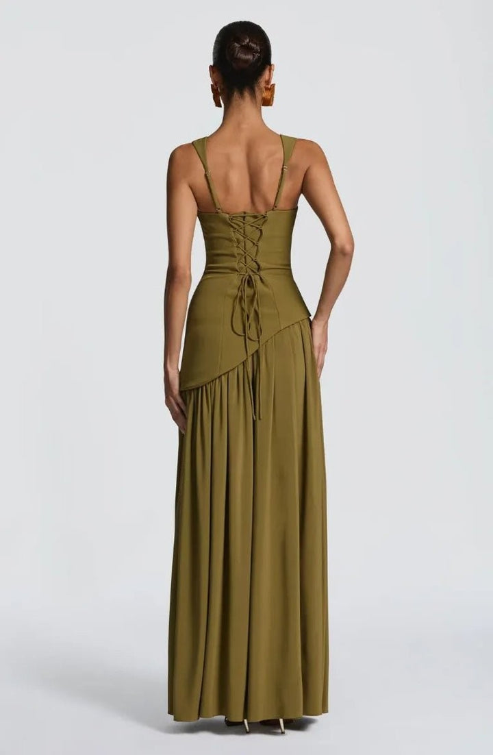 Olive maxi dress back view with lace-up bodice and flowing gathered skirt