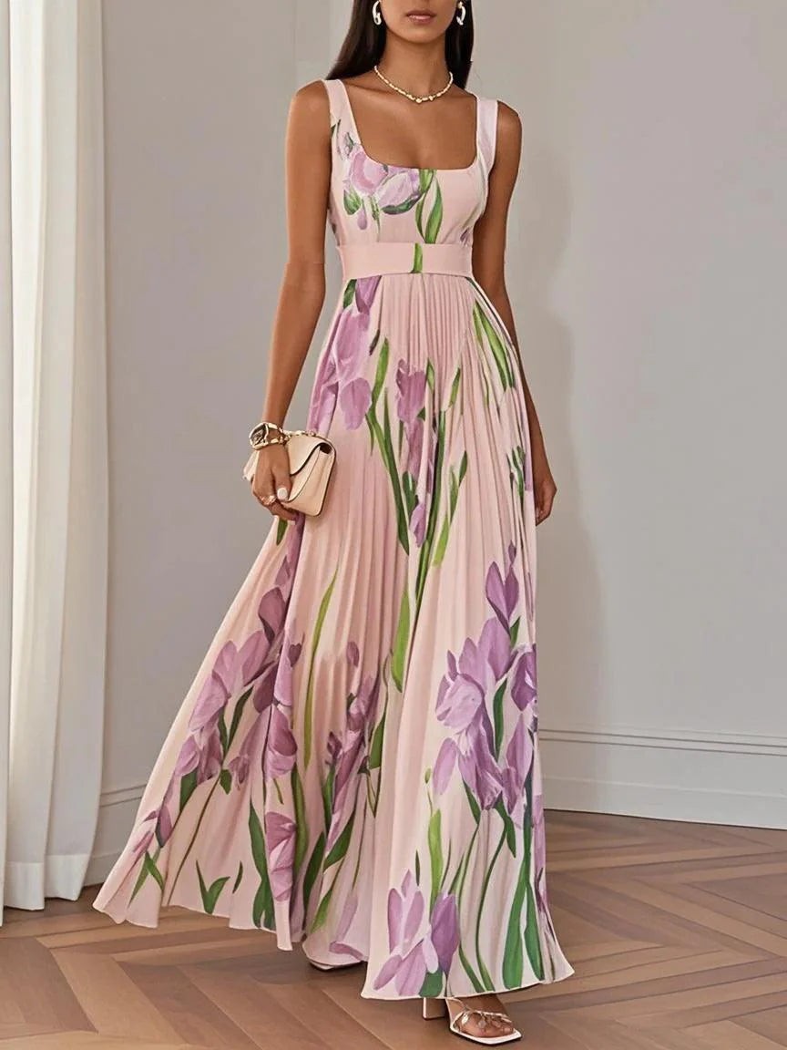 Blush pink pleated maxi dress with lilac floral design and square neckline