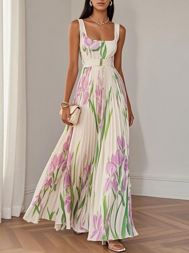 White floral pleated maxi dress with belted waist and sleeveless square neckline