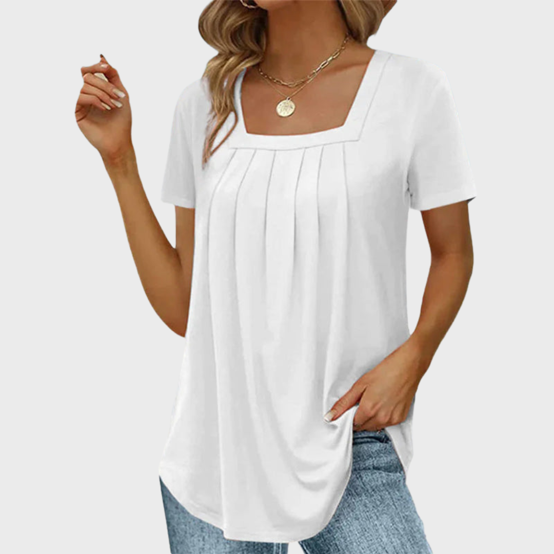 White square-neck blouse with pleated front detail and short sleeves