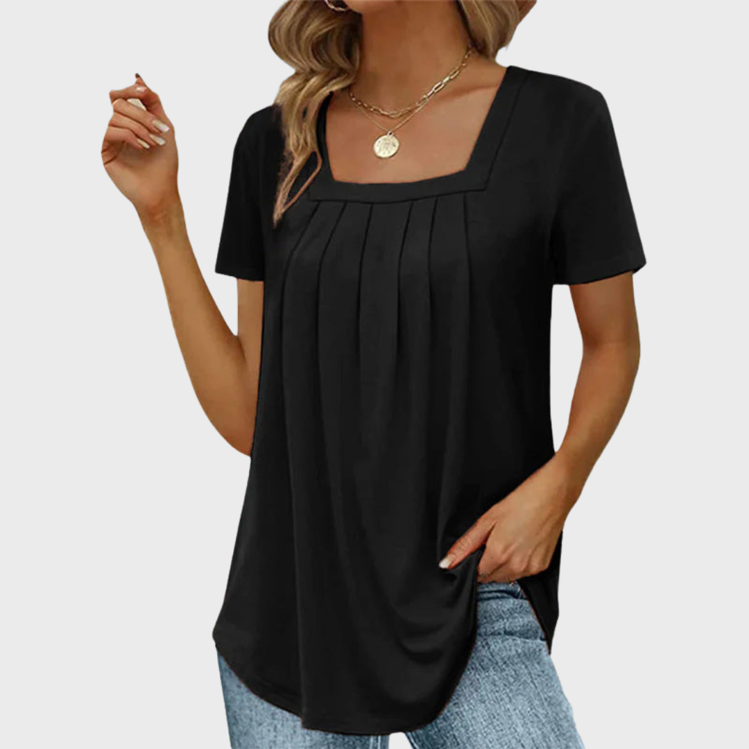 Black pleated-front blouse with square neckline and short sleeves