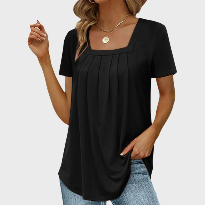 Black pleated-front blouse with square neckline and short sleeves