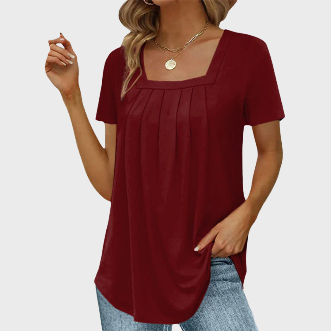 Wine red square-neck top with center pleats and flowy fit