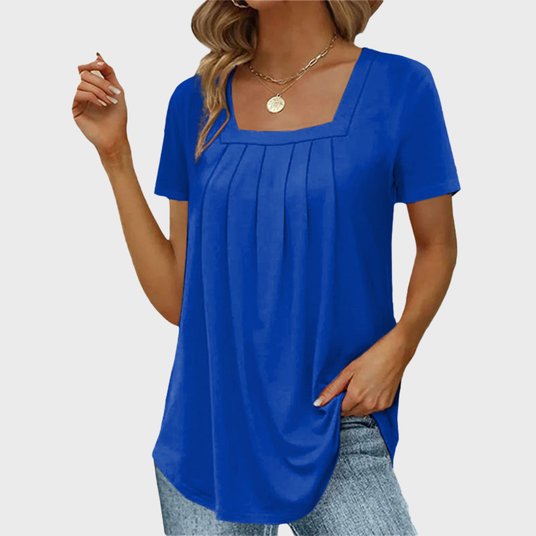 Royal blue square-neck top with pleated front and short sleeves