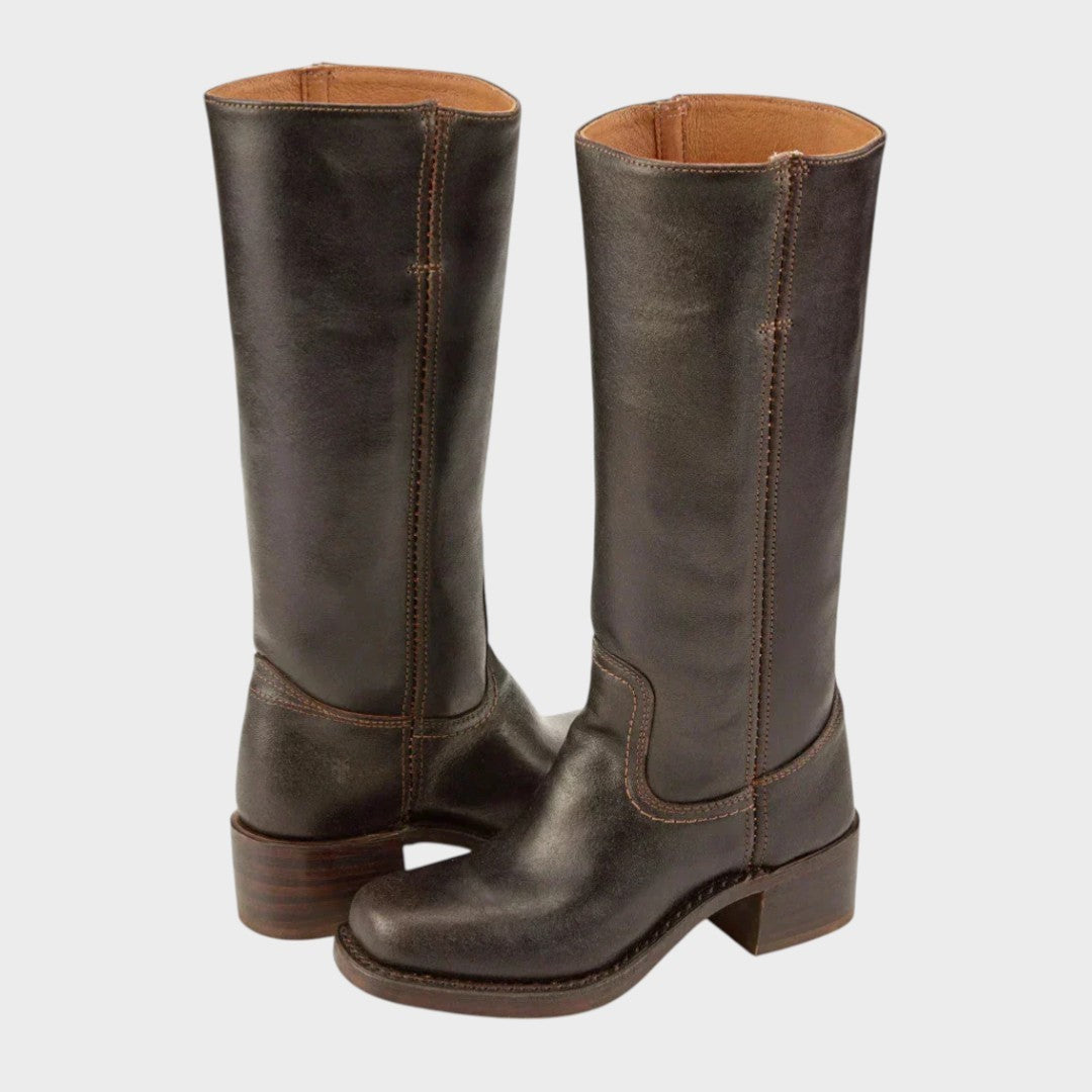 Dark brown leather tall boots with stacked block heel and pull-on style