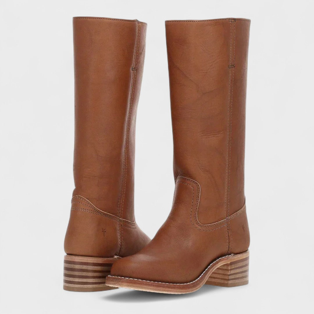 Cognac leather tall boots with stacked heel and topstitched shaft