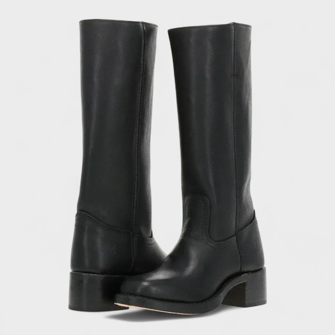 Black leather tall boots with block heel and round toe design