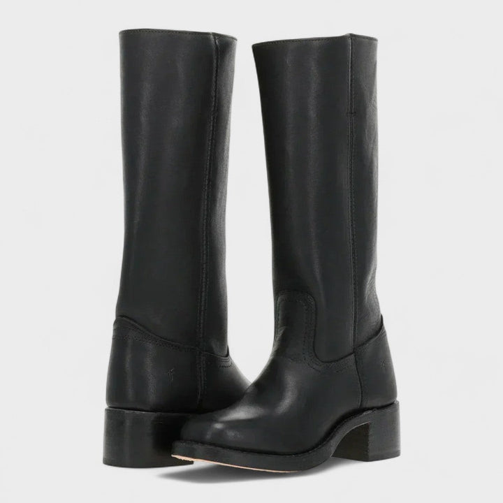 Black leather tall boots with block heel and round toe design