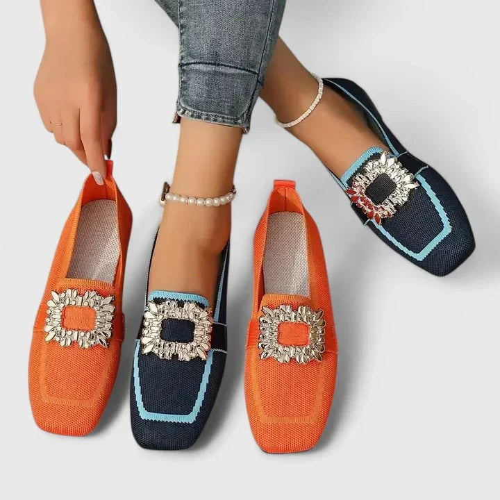 Orange and navy square-toe flats with sparkling crystal buckle detail