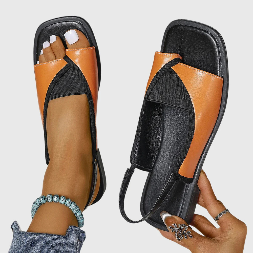 orange and black colorblock slingback sandals with cushioned platform sole