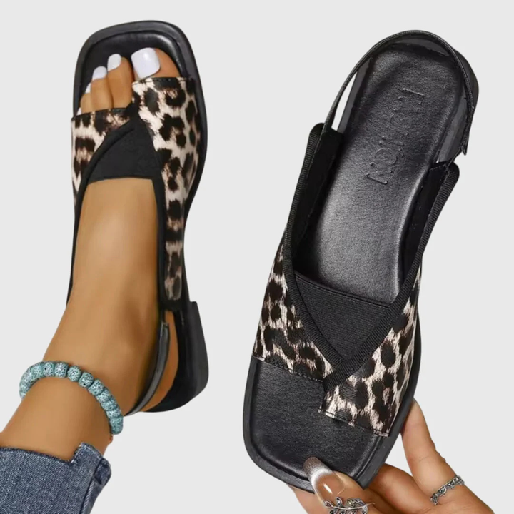 leopard print slingback flat sandals with square toe and black trim