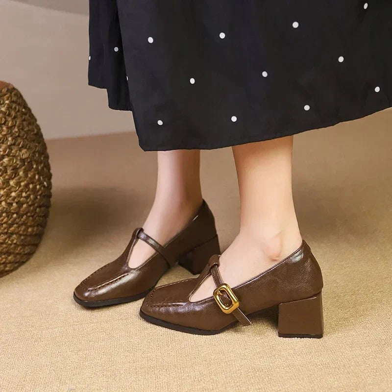 Square toe Mary Jane pumps in brown leather with block heel
