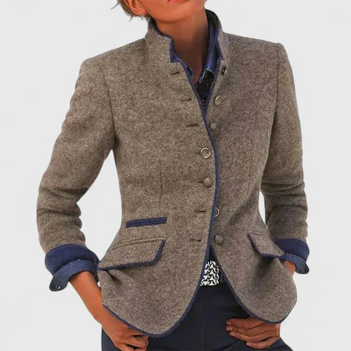 Grey wool-blend jacket with stand collar, navy trim and button-front cardigan style