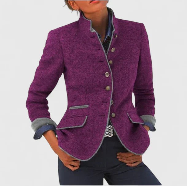 Purple textured jacket featuring stand collar, grey piping and longline button front