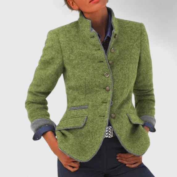 Sage green wool jacket with contrast trim, stand collar and buttoned longline front
