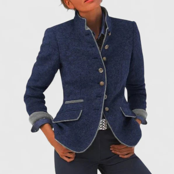 Navy wool-blend jacket with grey contrast edging, stand collar and buttoned front