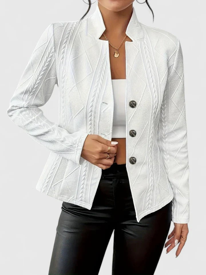 White textured tailored blazer featuring stand collar and button-front detailing