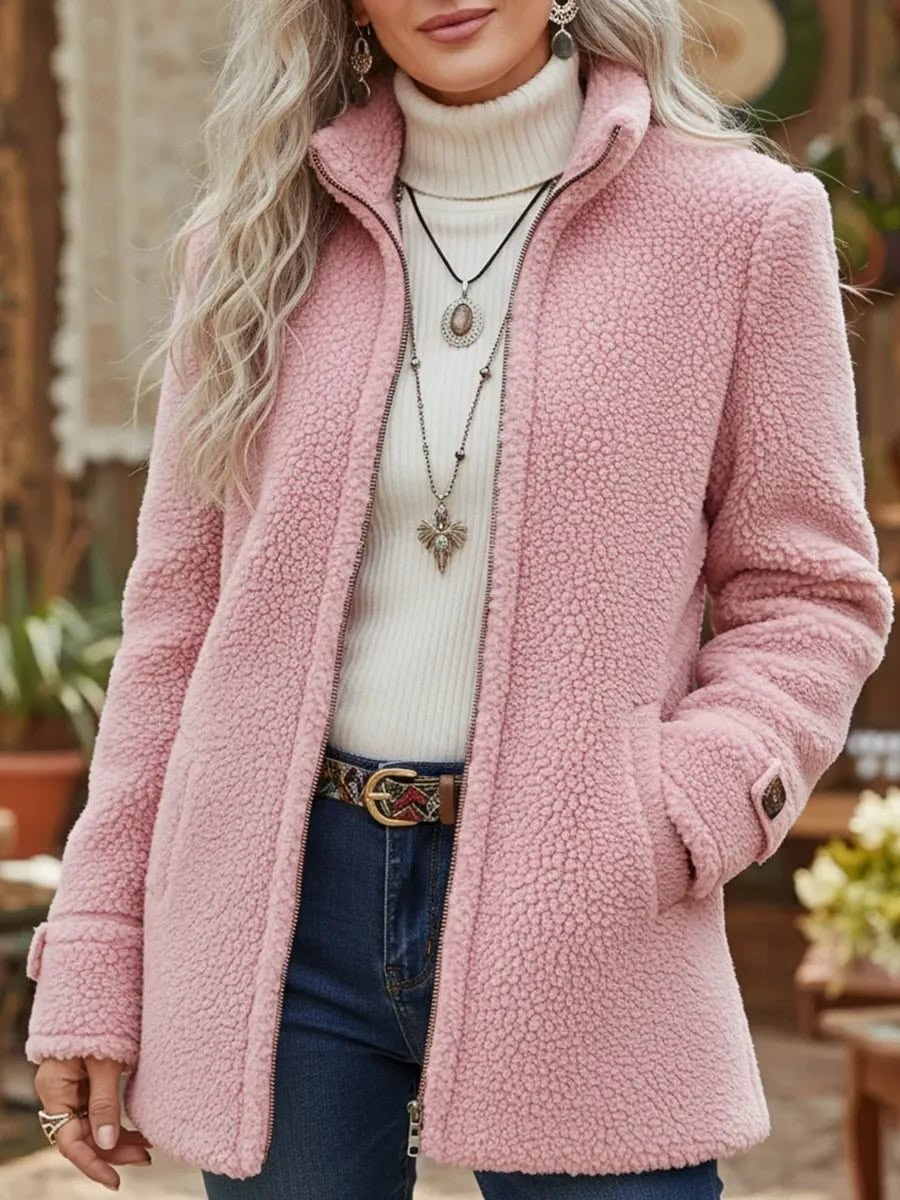 Pink teddy fleece coat with stand collar and zip-up front