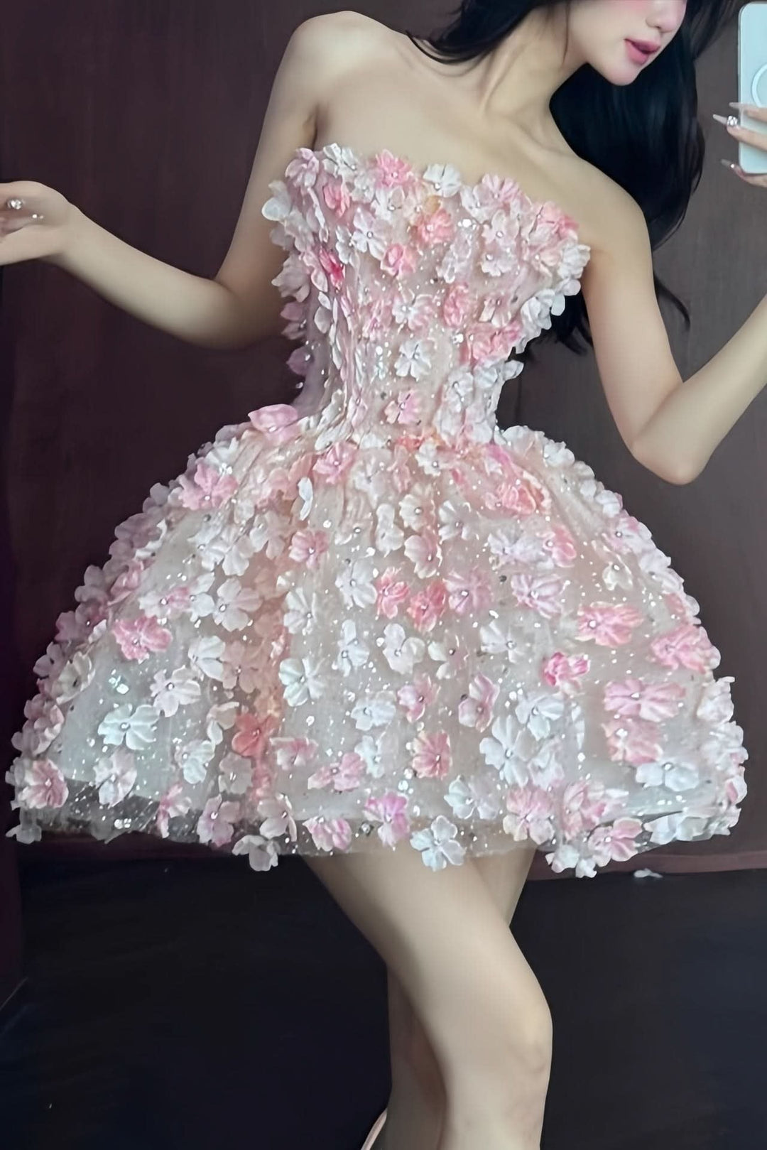 Strapless mini cocktail dress with 3D pink and white floral appliques