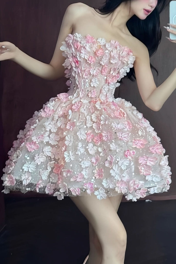 Strapless mini cocktail dress with 3D pink and white floral appliques