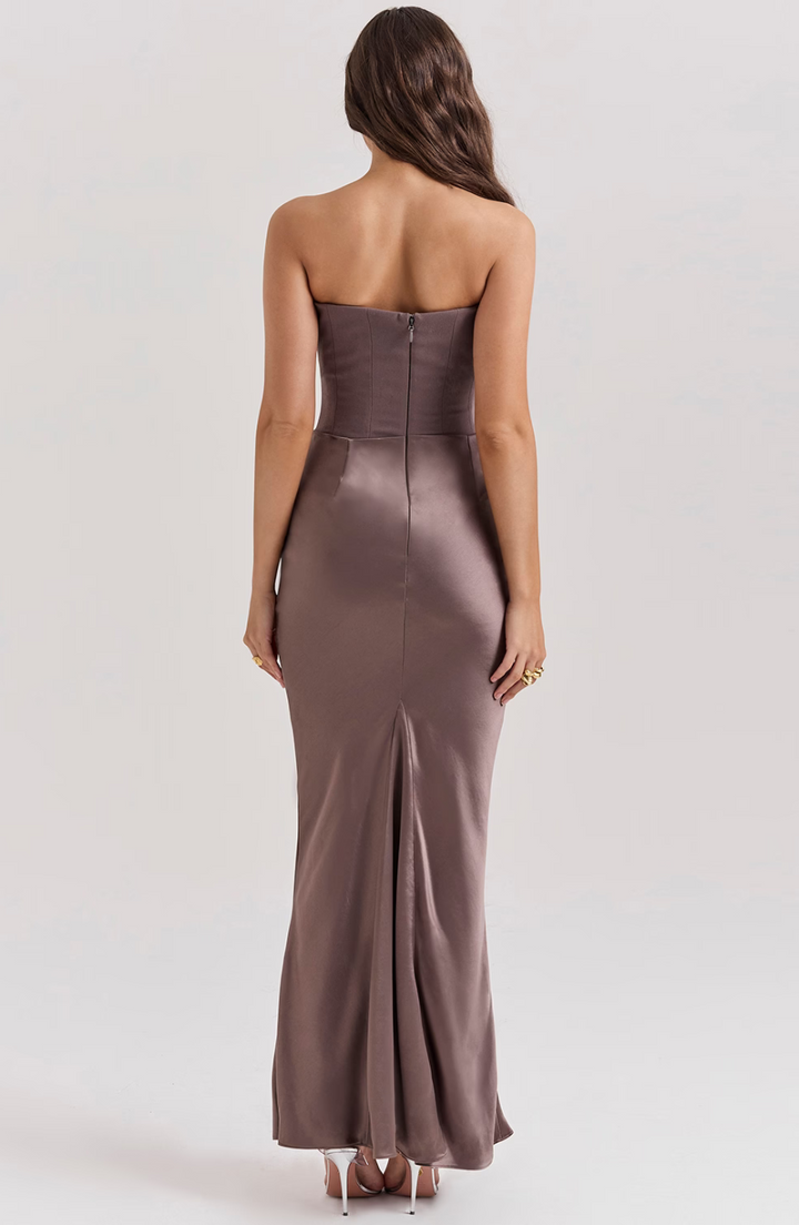 ivory satin strapless gown side view with subtle train