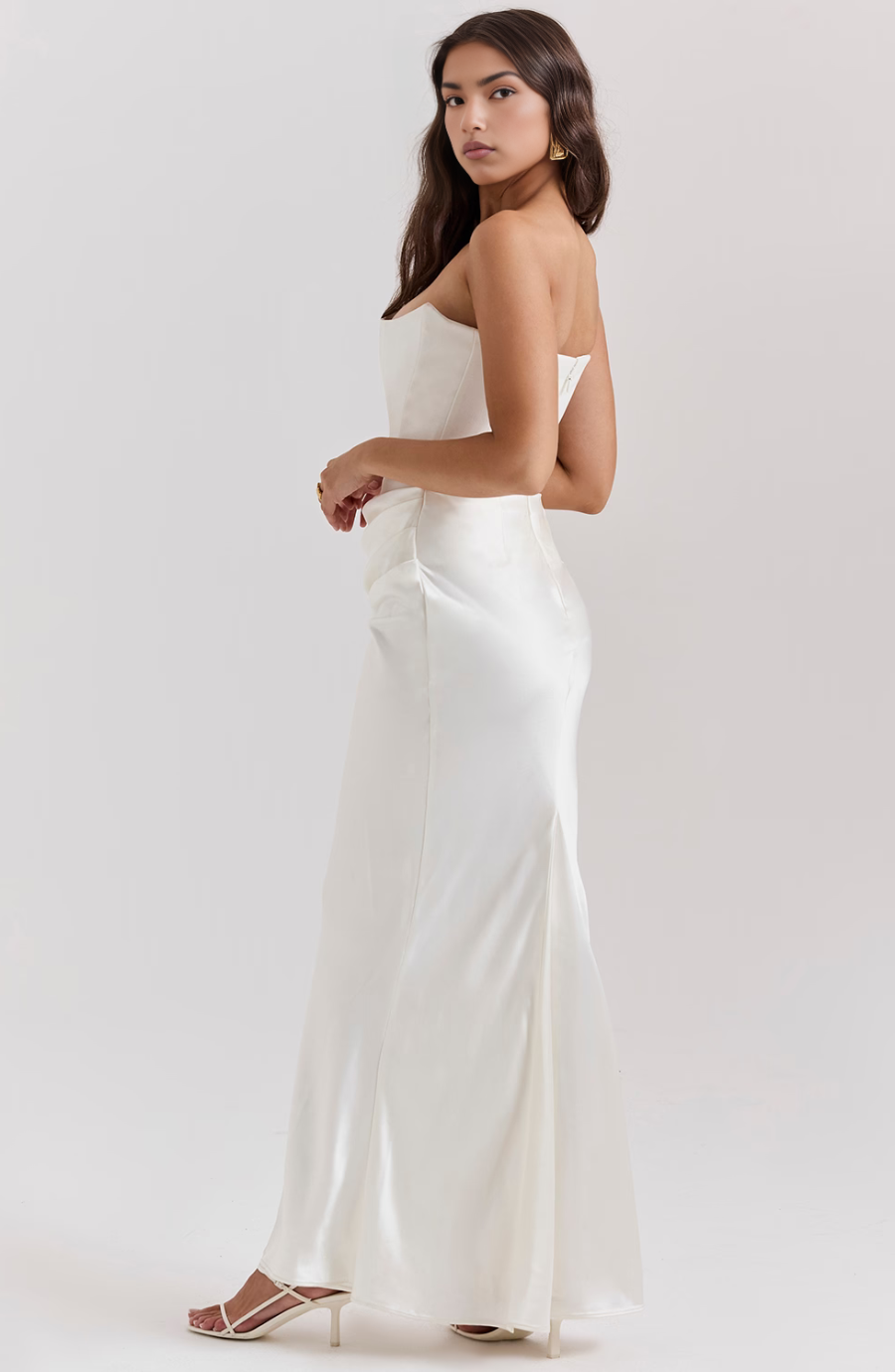 white strapless corset maxi dress back view with skirt slit
