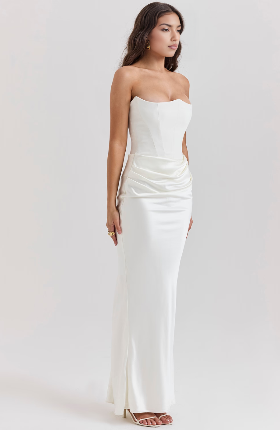 white strapless corset maxi dress front view with heels