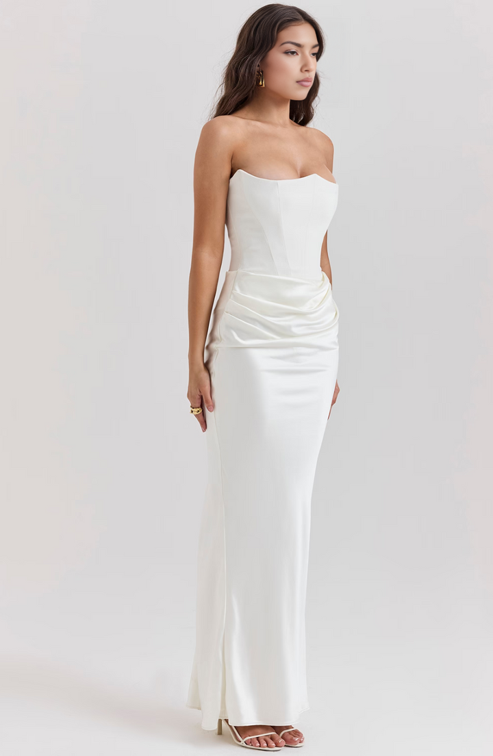 white strapless corset maxi dress front view with heels