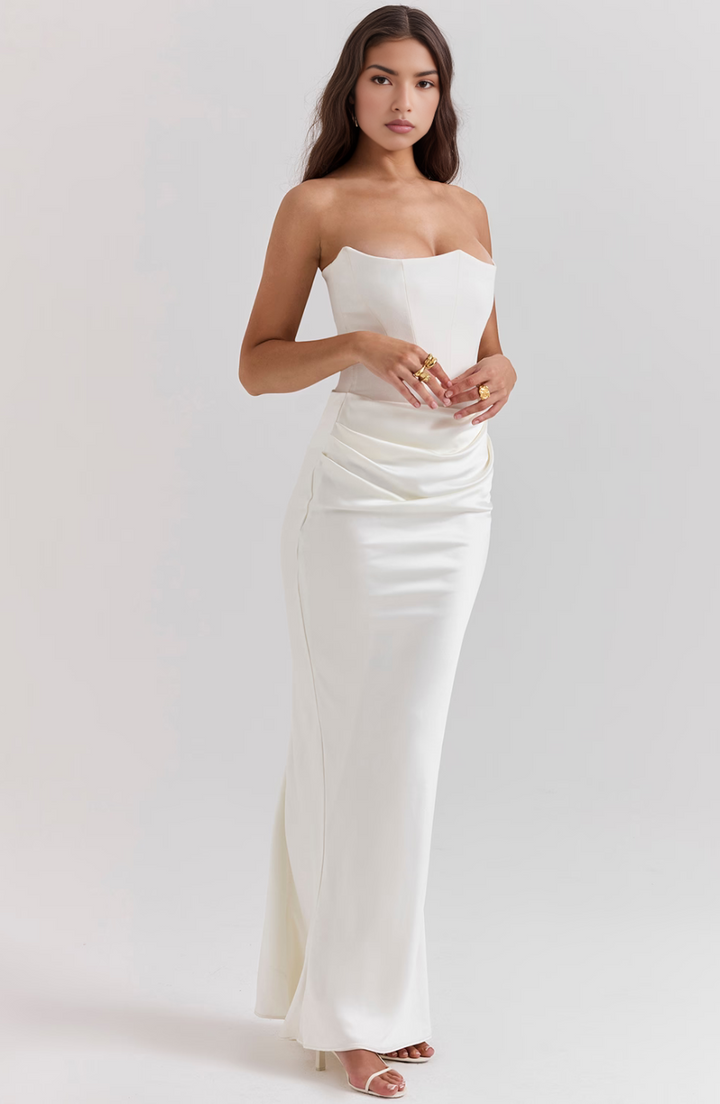 pink satin strapless corset gown with draped hip detail