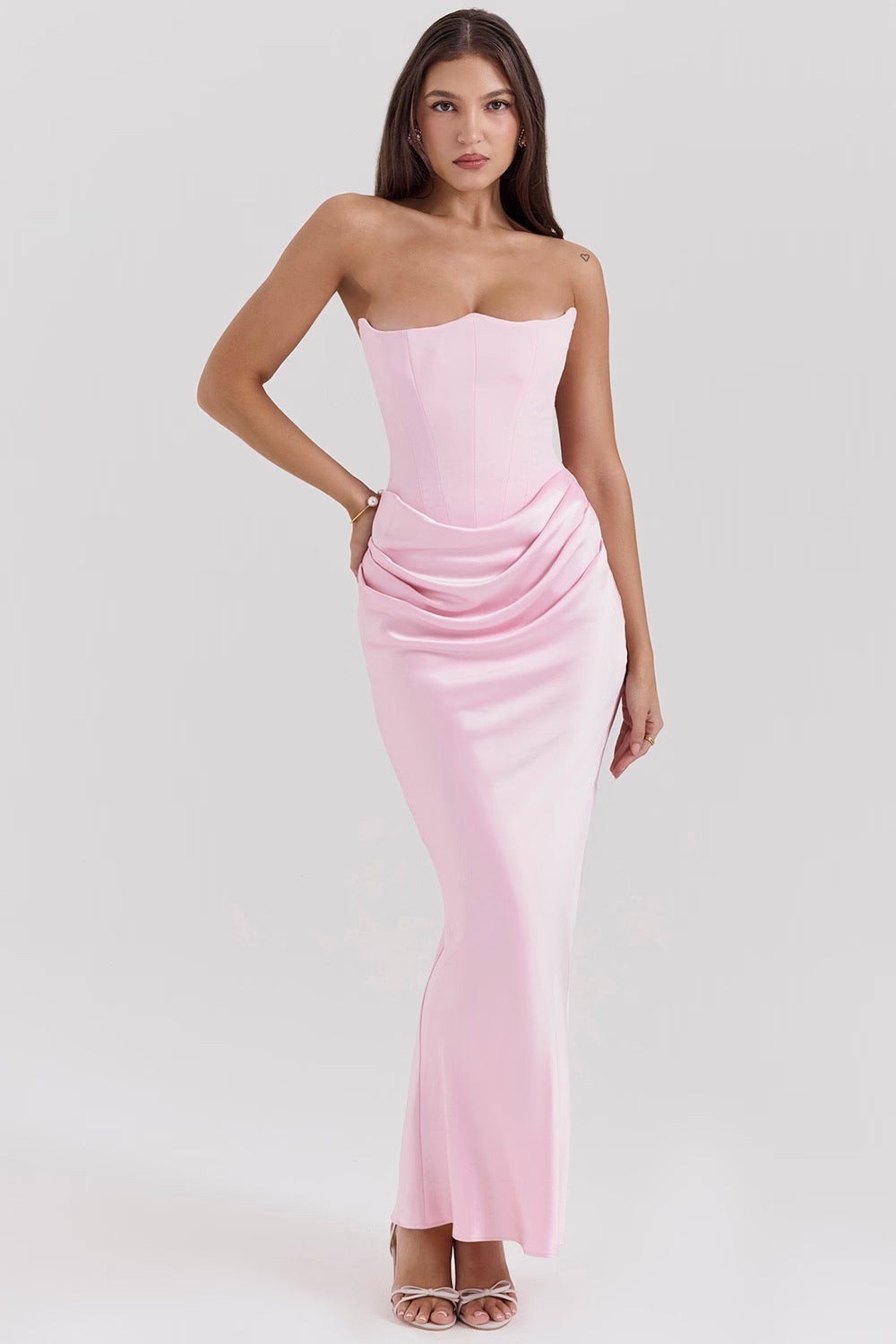 pink strapless corset dress side view with satin skirt