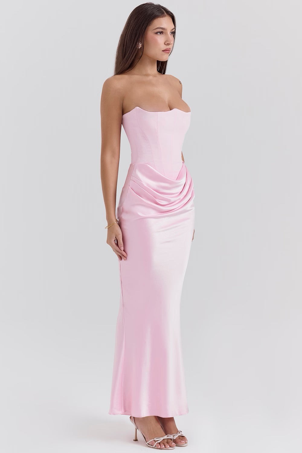 pink satin corset gown back view with maxi skirt
