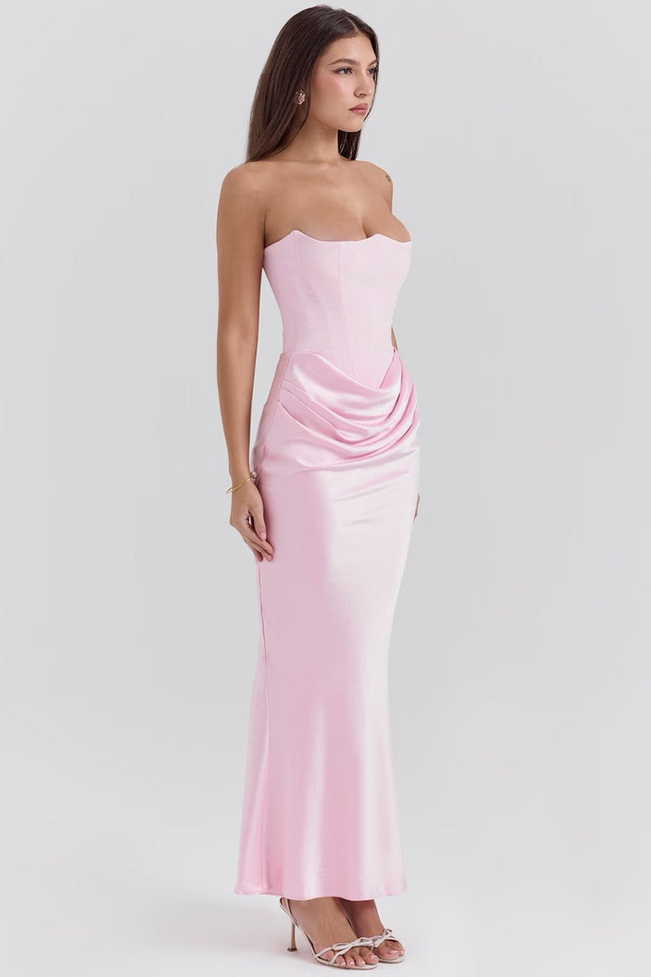 pink satin corset gown back view with maxi skirt