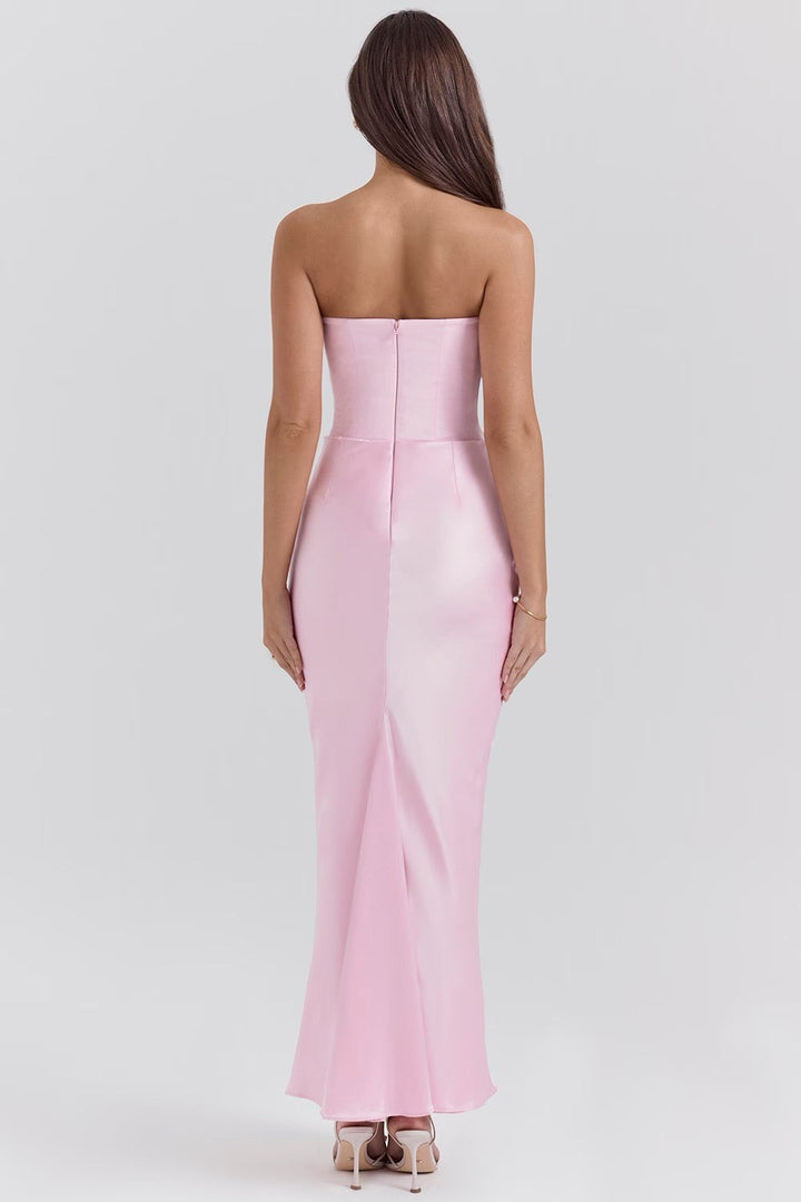 pink strapless corset dress side profile with satin drape