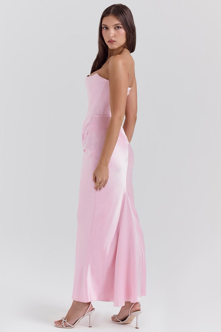 black satin corset gown back view with flared hem