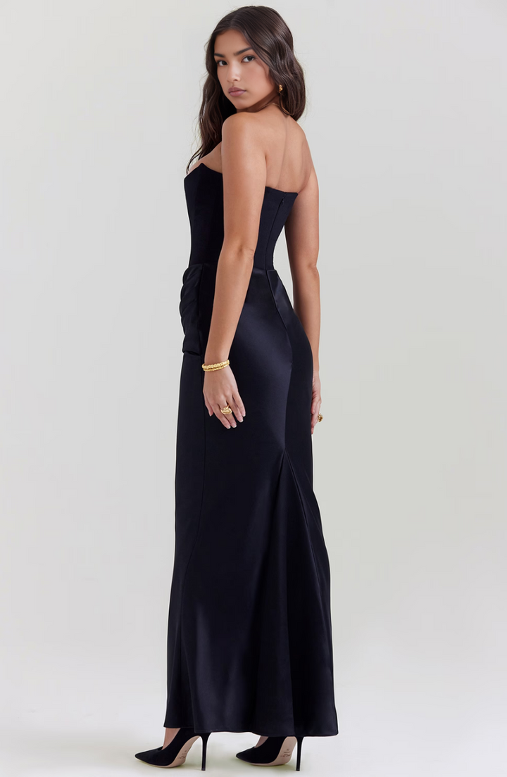 black strapless corset maxi dress with draped satin skirt