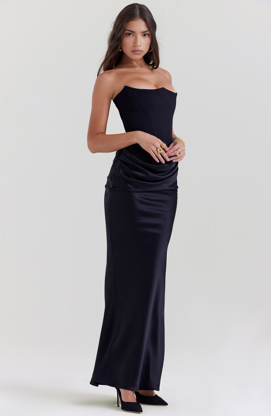 red strapless corset maxi dress with satin skirt detail
