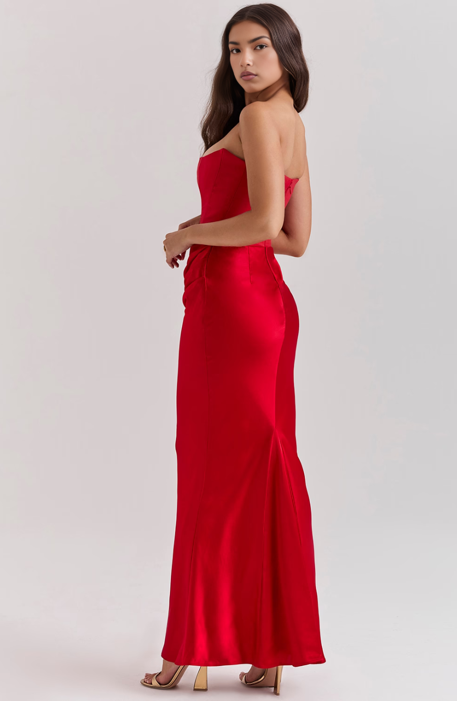 red strapless corset dress back view with satin train