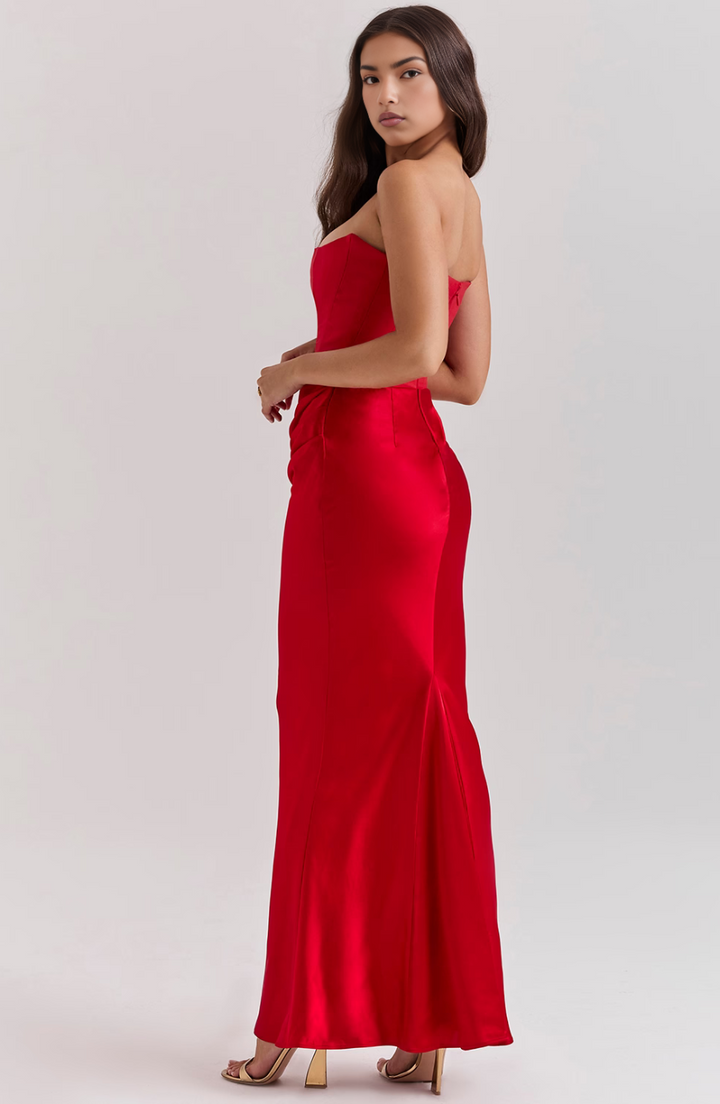 red strapless corset dress back view with satin train