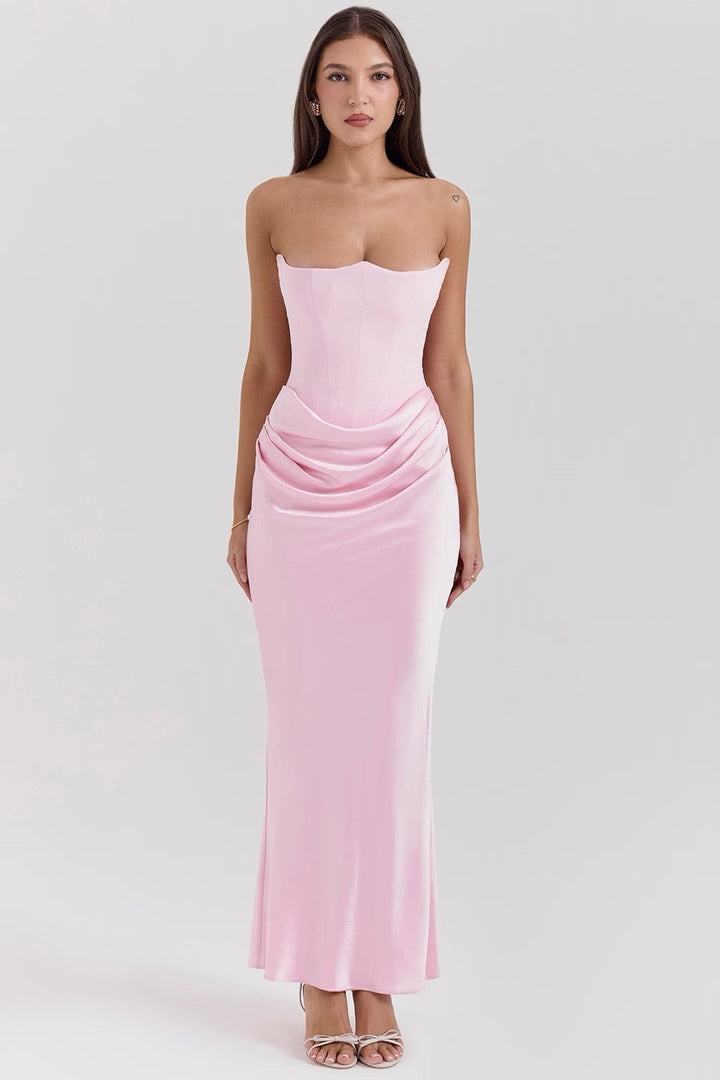pink strapless corset maxi dress with satin draped skirt