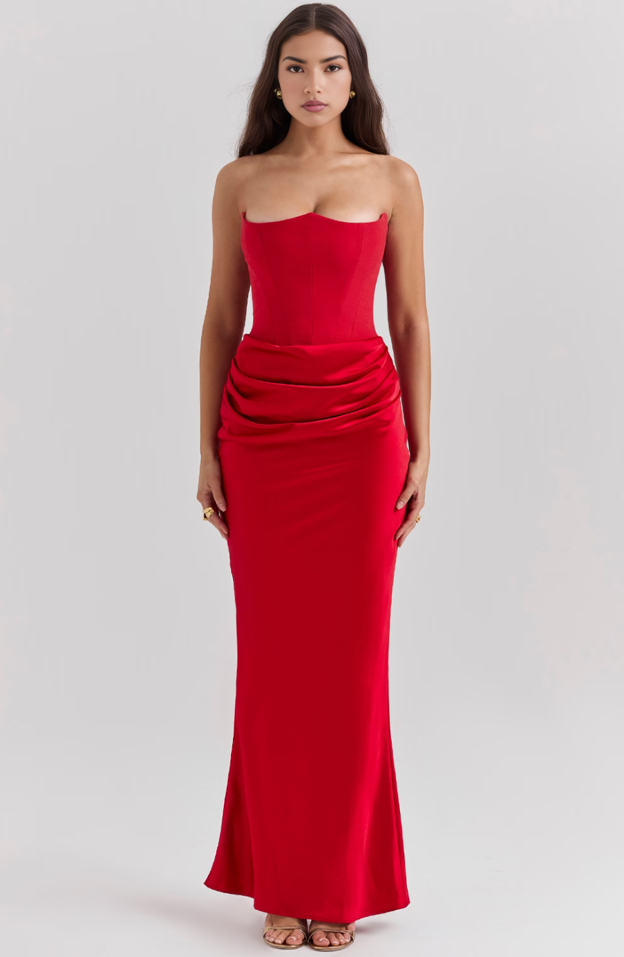 red strapless corset evening gown with ruched satin skirt