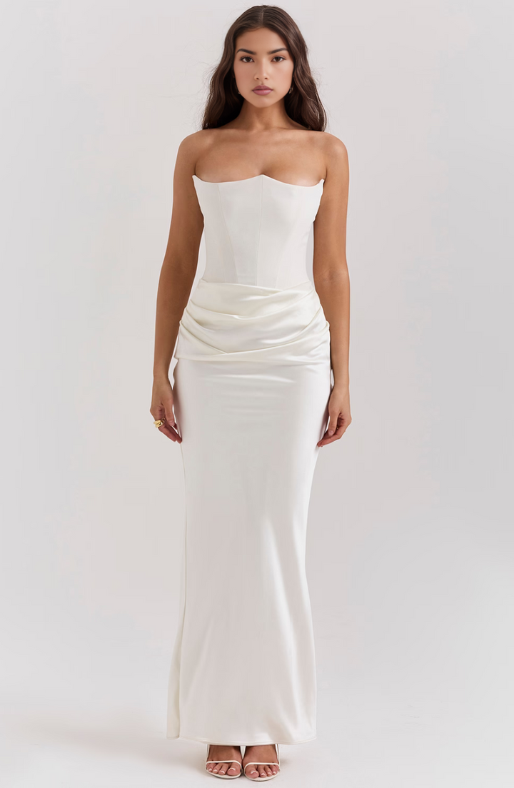 ivory strapless corset maxi dress with satin draped skirt
