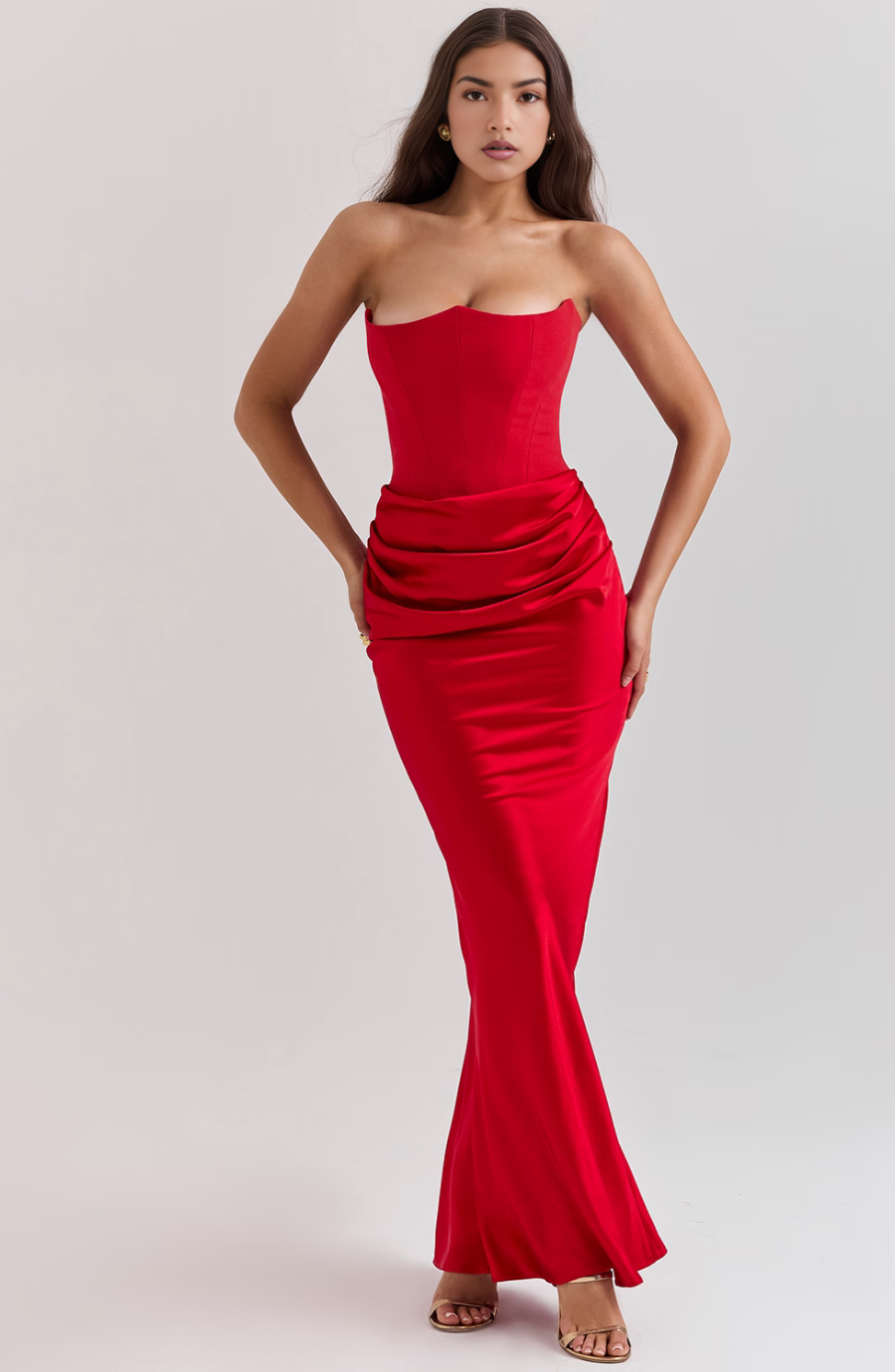 red strapless corset maxi dress with ruched satin waist
